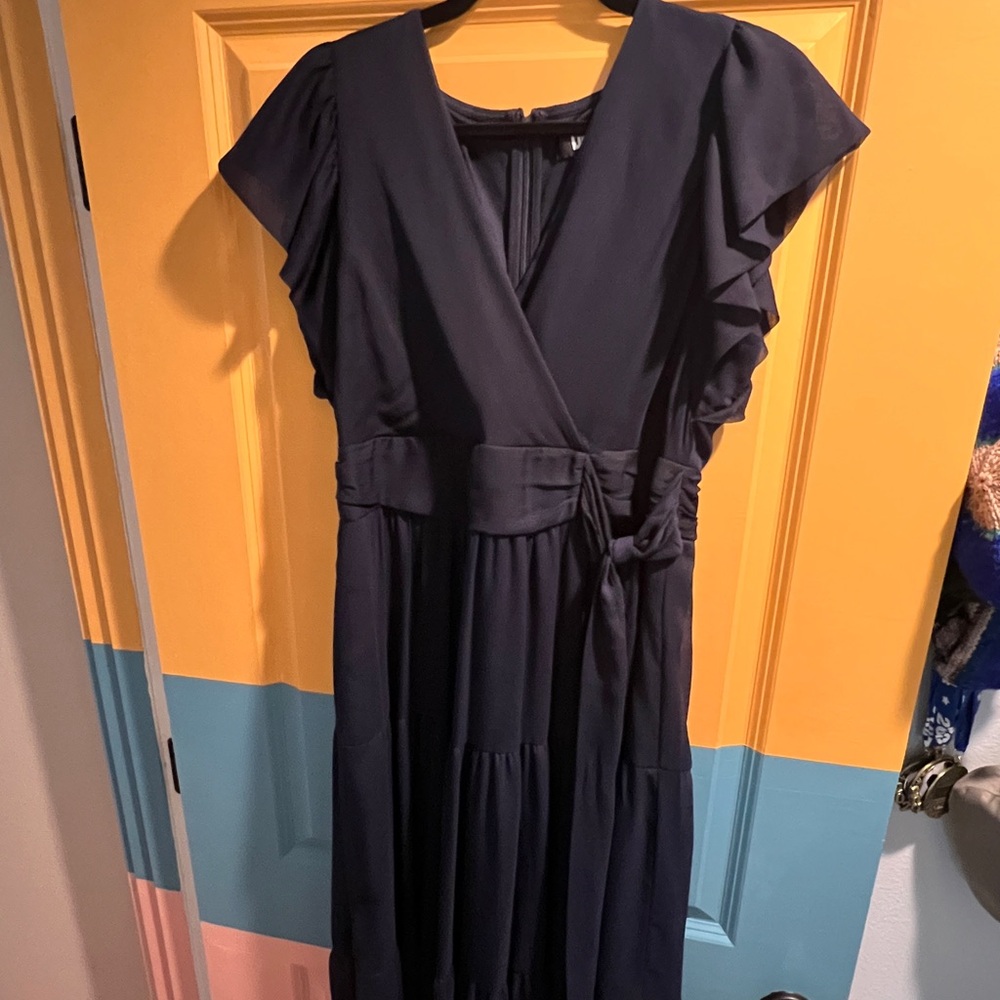Dkny Navy Dress with Side Tie & Flutter Sleeves - Picture 4 of 5